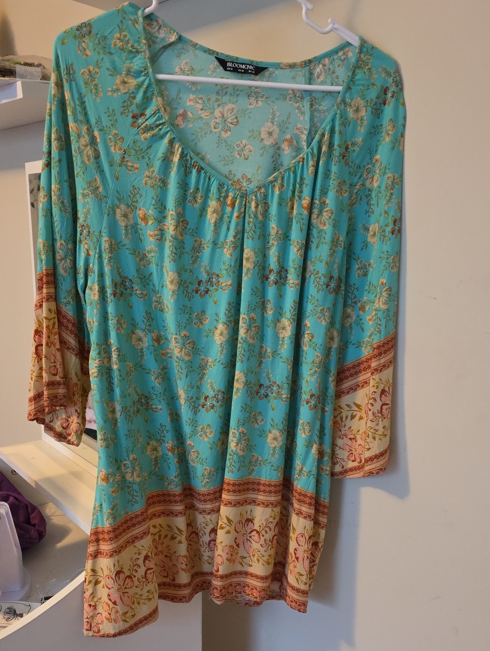 BloomChic Floral Boho Tunic Top in Teal and Peach